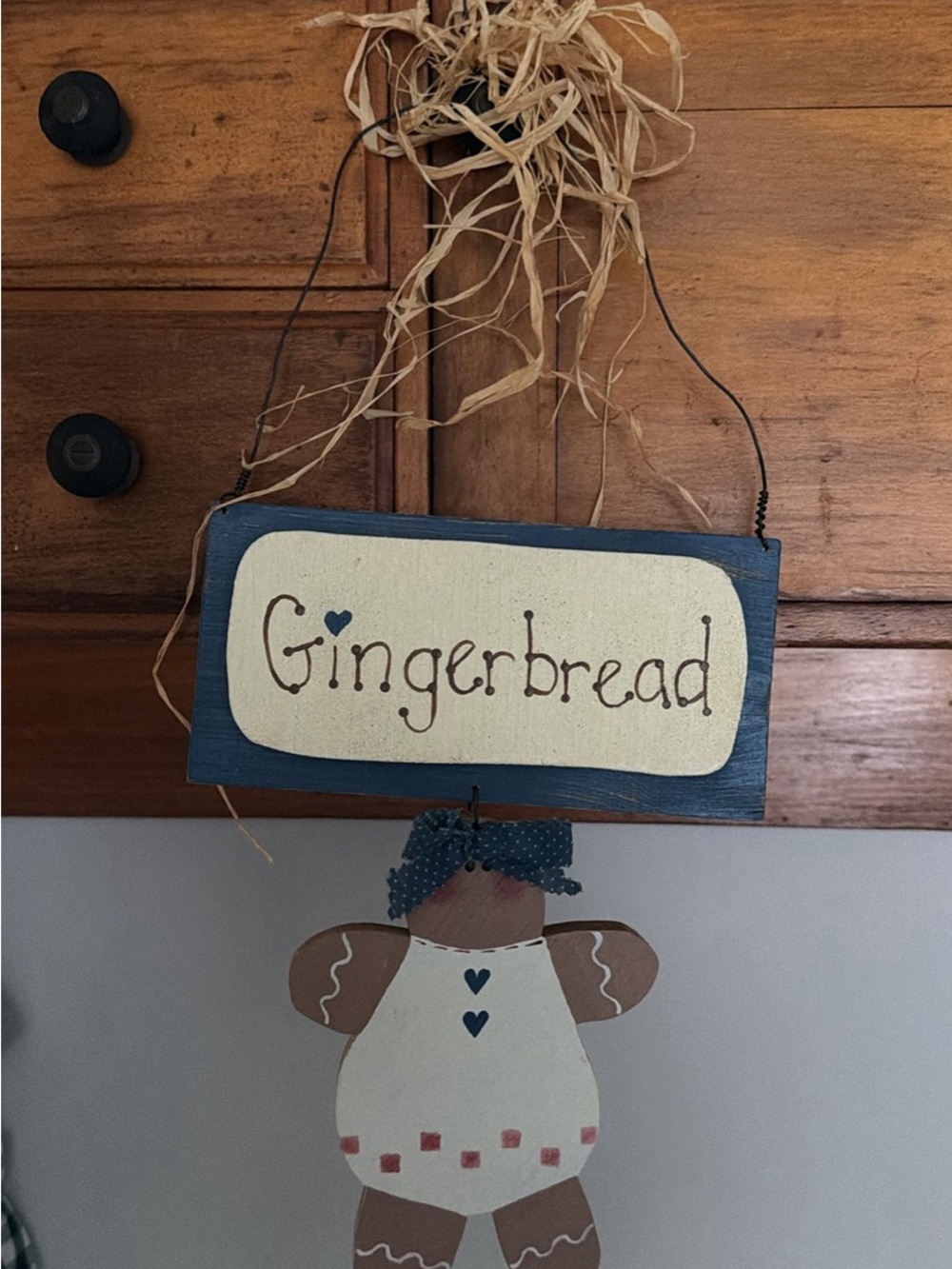 Gingerbread Hanging Sign with Cute Gingerbread Doll - Blue, Cream, Brown